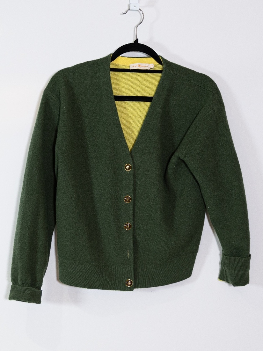 Tory Burch Wool Felt Knit Stretch Button Down Cardigan Sweater Green Yellow M